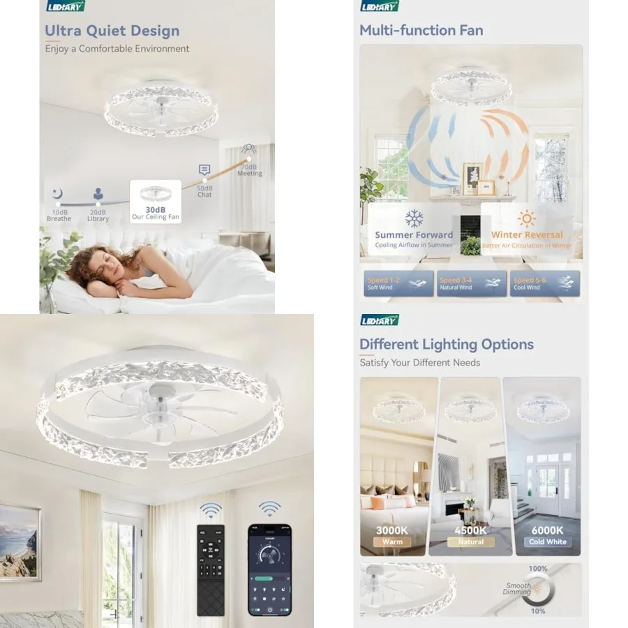 

Low Profile Ceiling Fans with Lights and Remote, Fandelier Ceilg Fan Flush Mount, 3000K-6000K Dimmable LED Fan Light, Modern Ce