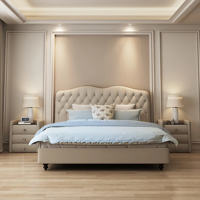 

Leather Elegant Double Bed Wood European Style Modern Storage Queen Bed Luxury Princess Comferter Cama Casal Bedroom Furniture