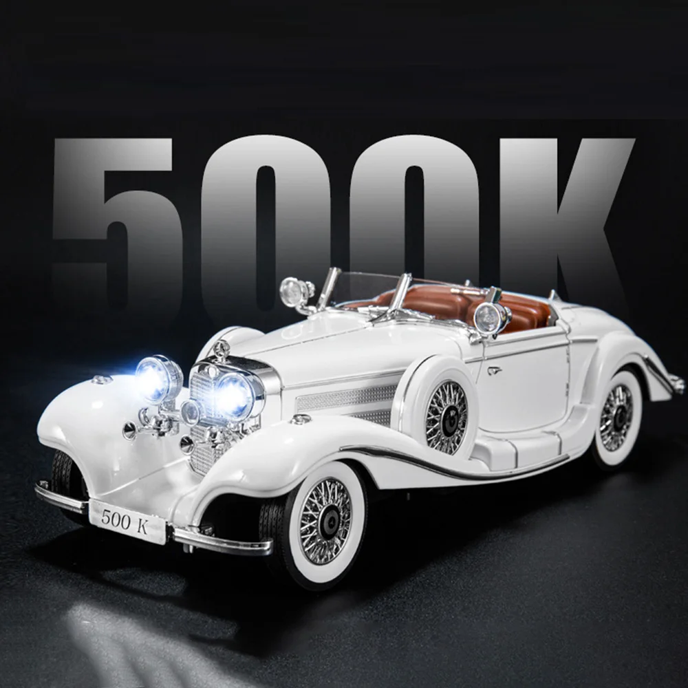 Large Scale 1:18 Benz 500K Classic Car Model Toy Shock Absorption Music Light Doors Opened Retro Vehicle Models Ornaments Gifts