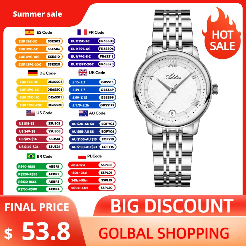 Addies 31mm Luxury Couple Watches GM12 Quartz Movement Sapphire Crystal 50m Waterproof Sport Stainless Steel Couple Wristwatch