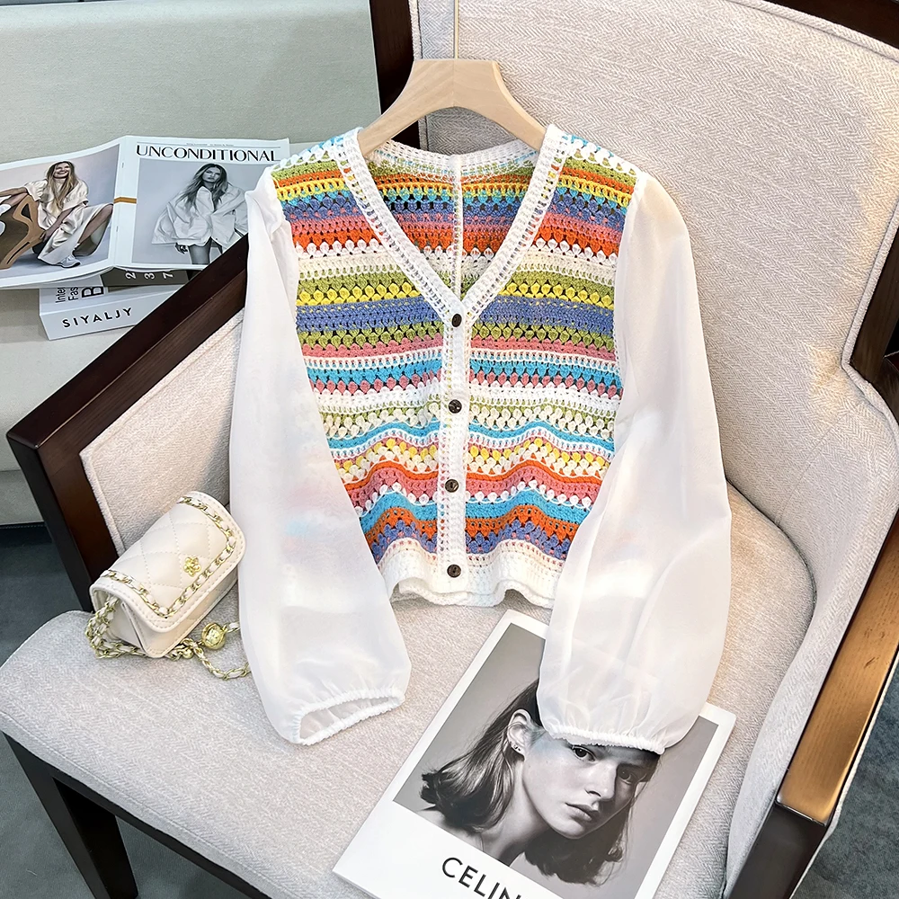 Summer Long Sleeve Crochet Knit Top Rainbow Striped Sheer Open-knit Shirts Woman Blouses Fairycore Cottagecore Outfit