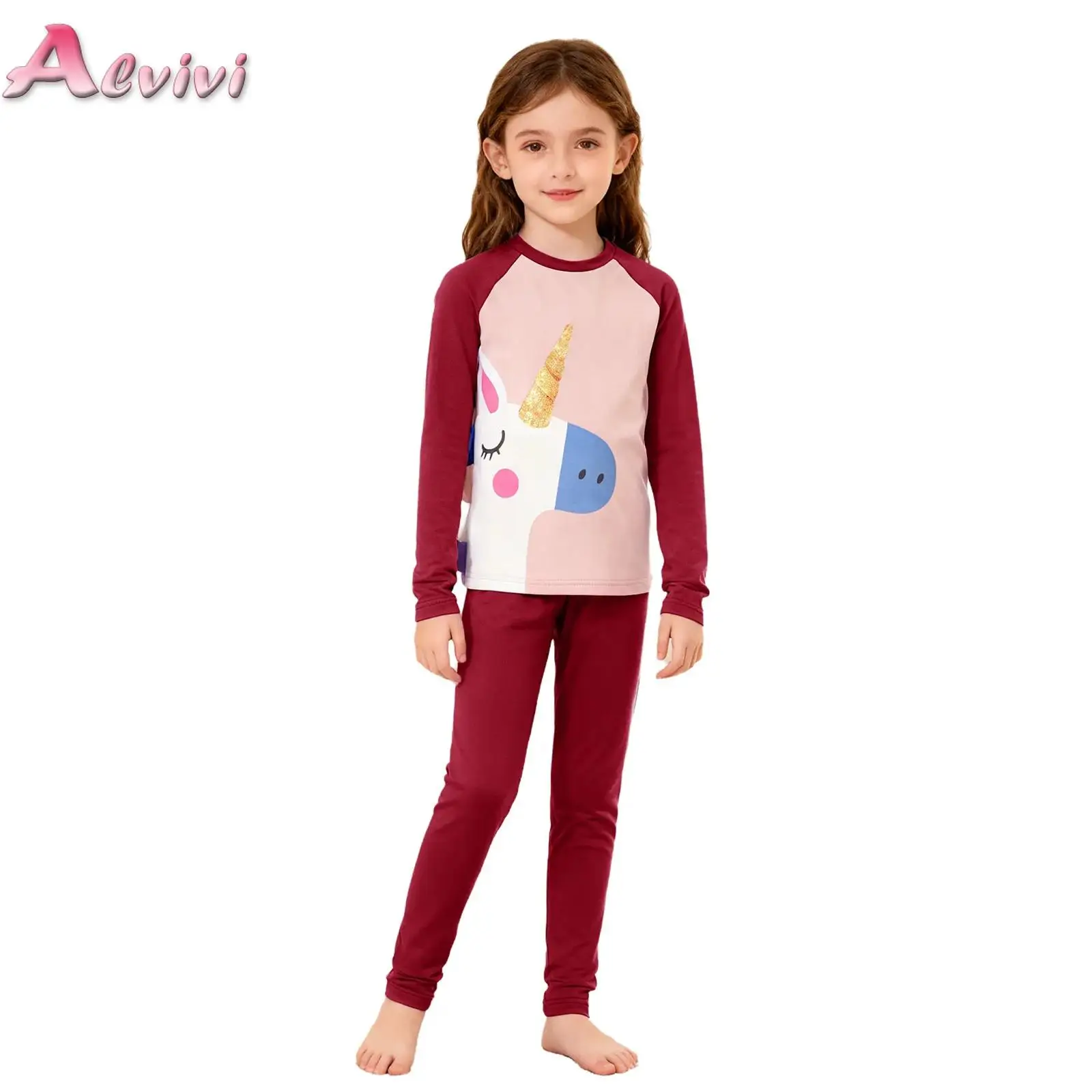 

Kids Girls Thermal Underwear Set Homewear Loungewear Sleepwear Long Sleeve Cute Cartoon Print Contrast Color Top with Leggings