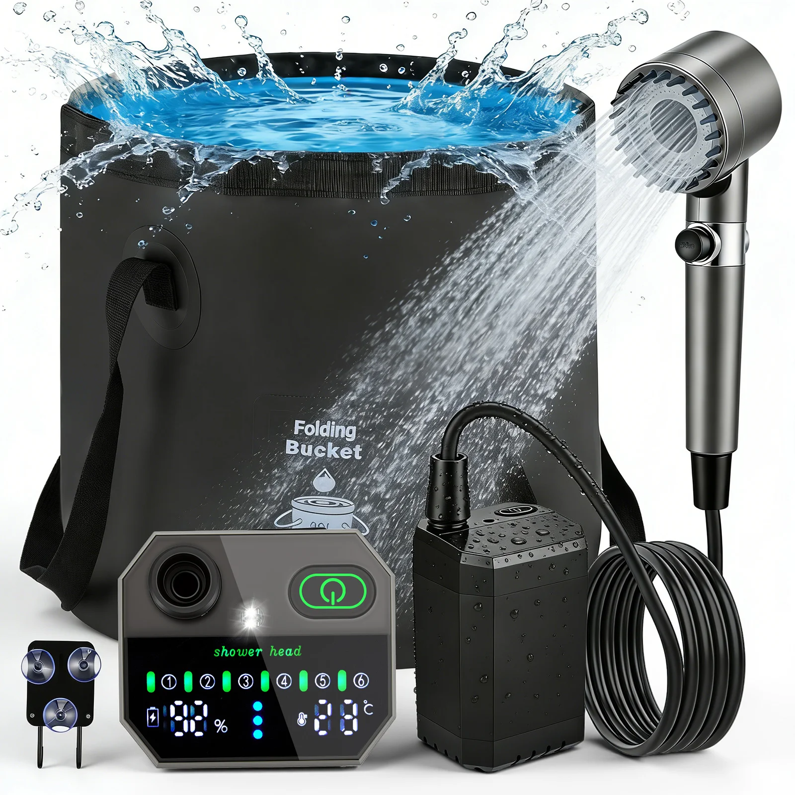Camping-Duschset mit Heizfunktion, IPX8 Outdoor-Dusche, 12000mAh batteriebetriebene Wasserpumpe mit LED-Anzeige, Duschkopf mit Filter, 2m Schlauch, faltbarer Wasserbehälter, mobile Dusche für Camping,