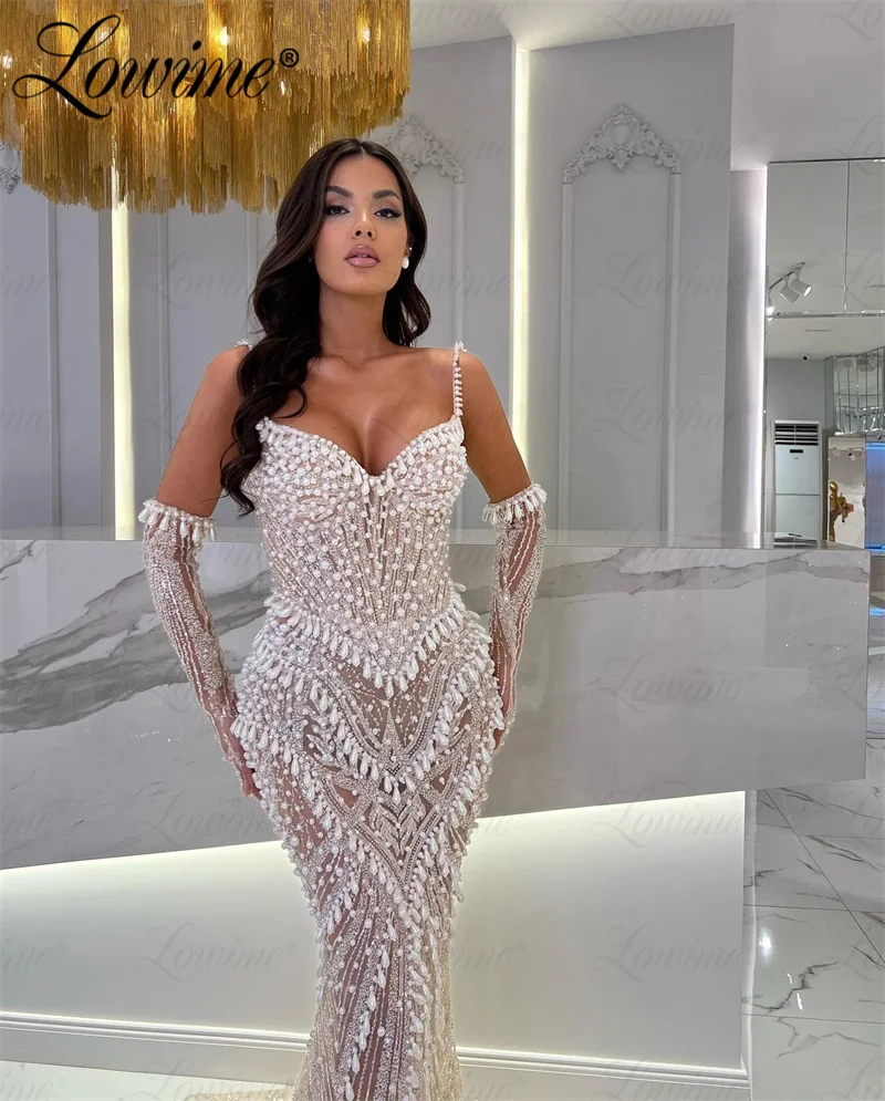 Amazing Pearls Long Party Dresses Illusion Beading Mermaid Evening Gowns 2023 Couture Arabic Women Prom Dress Celebrity Dresses