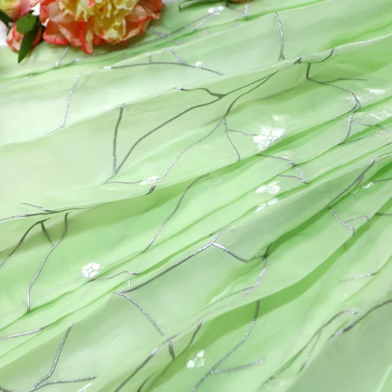 100x150cm Chinese Style Embroidery Chiffon Fabric Green Leaf Designer Fabric for DIY Sewing Hanfu Dress Antique Dance Costume