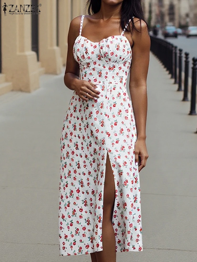 خمر فستان مُزين بطباعة الأزهار 2025 ZANZEA المرأة فستان الشمس المرأة موضة بلا أكمام سبليت فيستدوس رداء طويل فضفاض غير رسمي