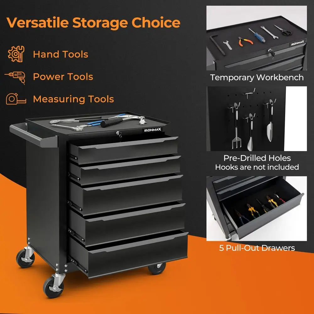 5Drawer Rolling Tool Chest, Steel Tool Storage Cabinet with Handle, Hanging Holes, Central Keyed Locking System, Universal Lock