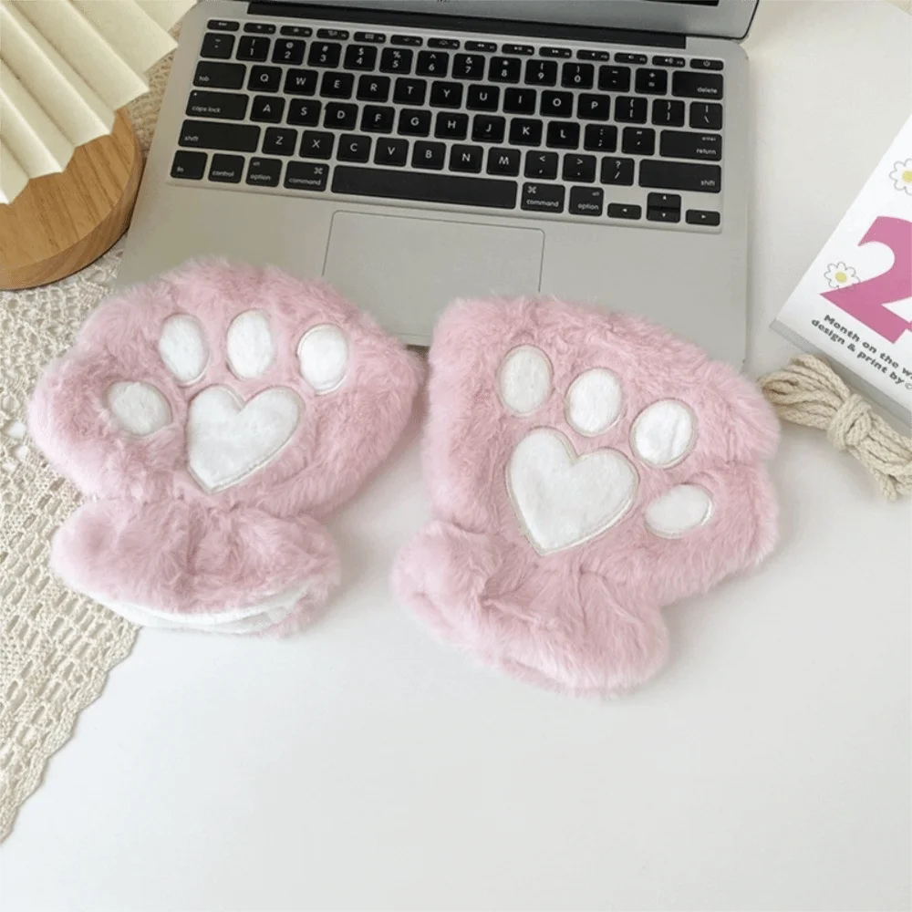 Cute Polyester Fuzzy Half Finger Gloves One Size Cold Proof Warm Winter Gloves Thick Bear Paw Gloves Writing