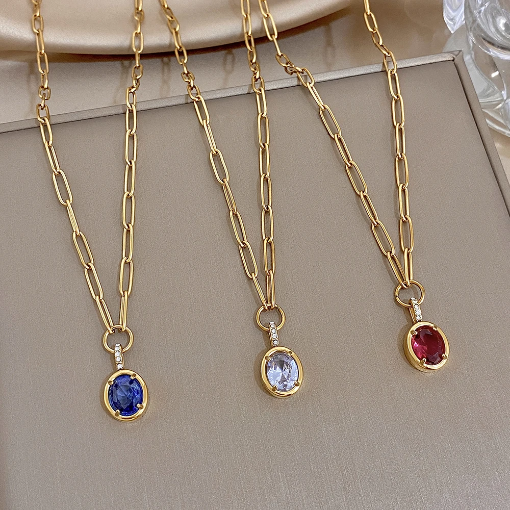 1pc AENSOA Stainless Steel Necklace for Women Minimalist Three Color Round Zircon Pendant Necklaces Wedding Dainty Party Jewelry