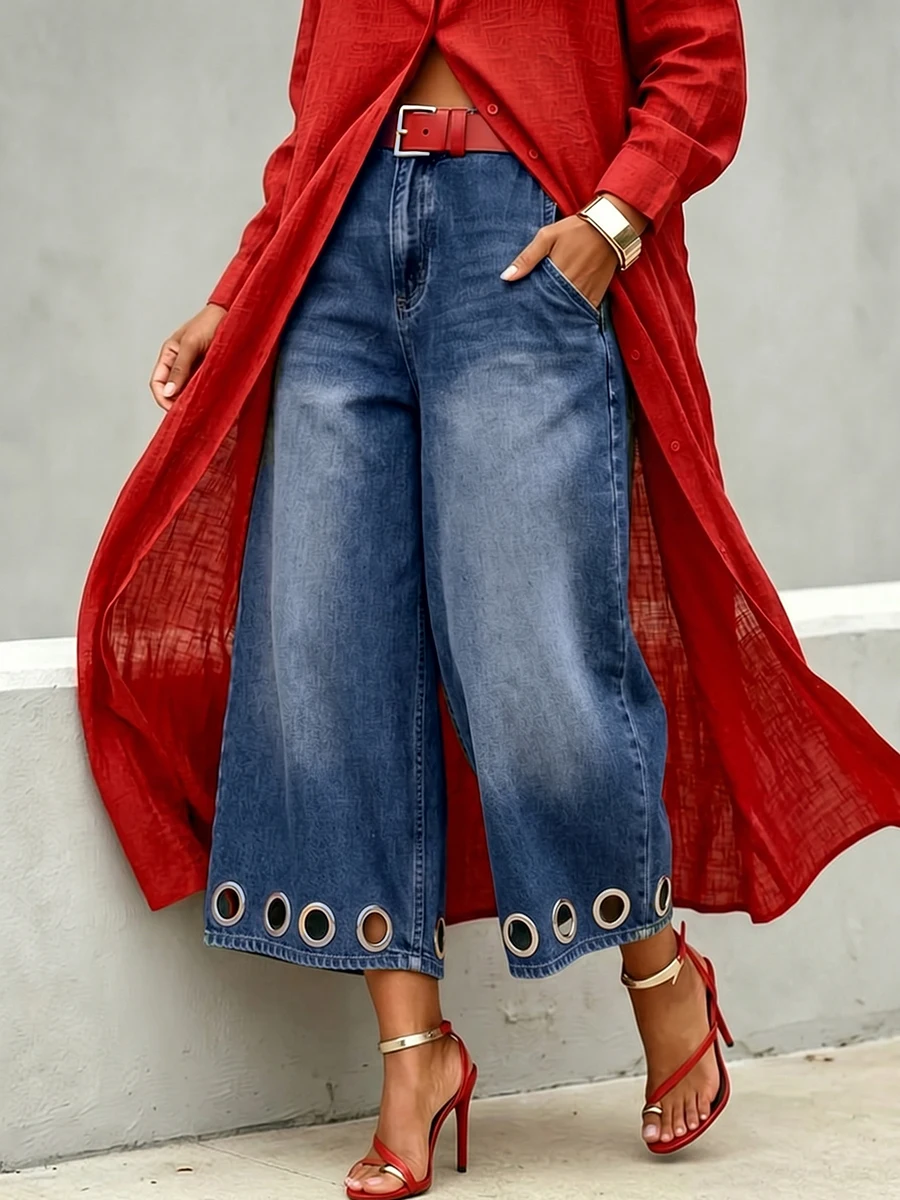 Freeacy Women's Trendy Eyelet Trim Cropped Wide Leg Jeans 2026 Summer Stylish High Waist Loose Fit Casual Denim Capri Pants