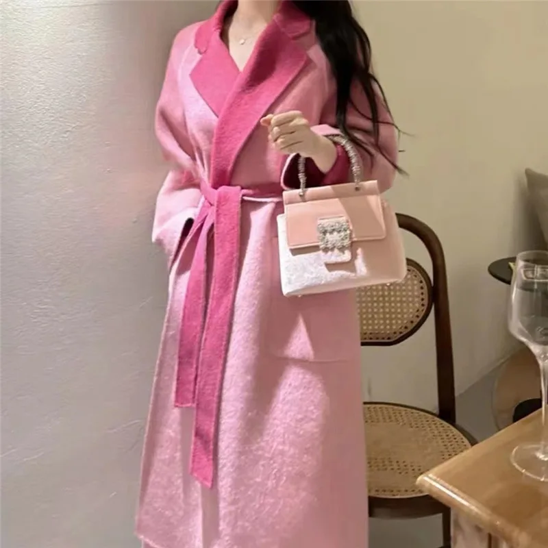 

New Gradient Bathrobe Double-sided Cashmere Wool Coat Women Long High-end Laepl Lace-up Loose Wool Coat Fashion Autumn Winter