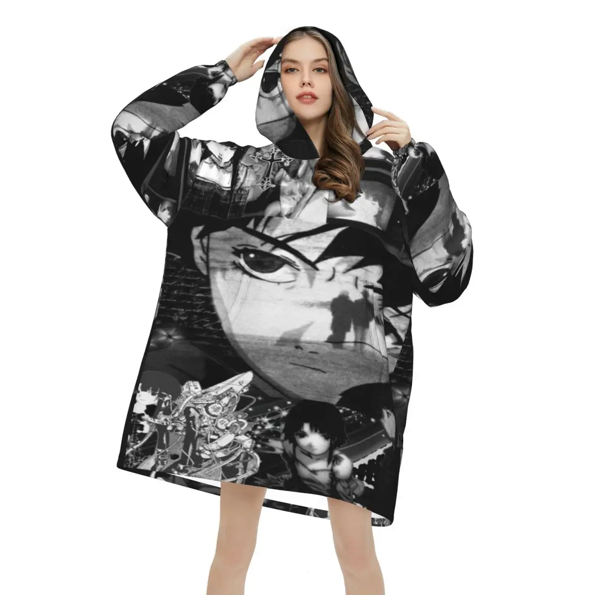 Serial Experiments Lain Lwakura Oversized Blanket Hoodie Sweatshirt Long Fleece Hooded Wearable Blanket with Large Pocket