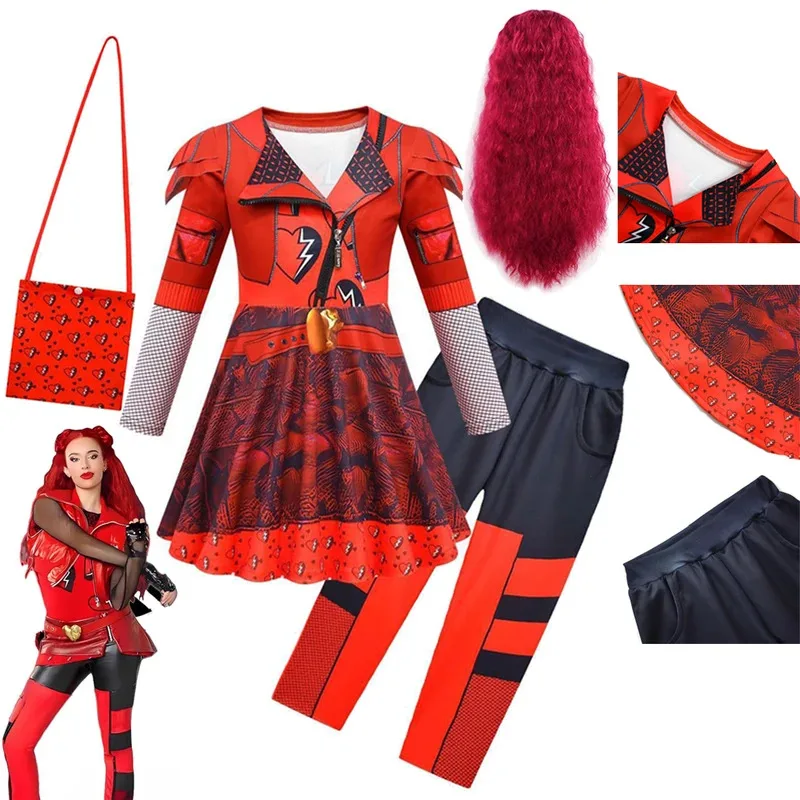 

qq28LQХэллоуин для девочек D-Descendants The Rise of Red Костюм для ролевых игр Детские нарядные платья Брюки + парик Костюм для маленьких девочек Карнавальная вечеринка C