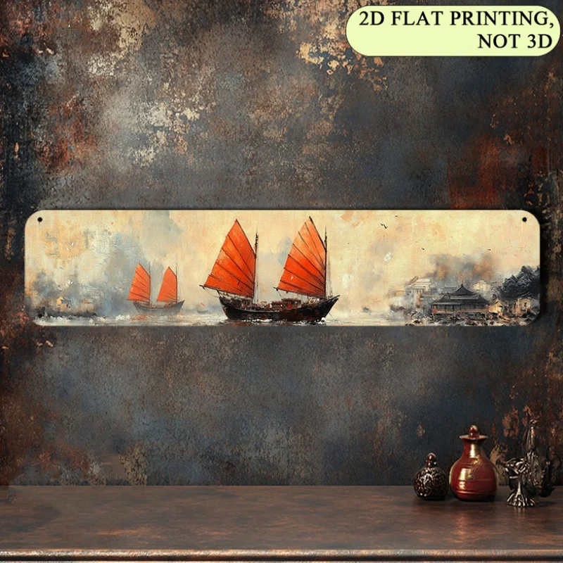 2D Flat Plane, 1pc Pack Serene Chinese Sailboat Vintage Hanging Plaque Plane,Vibrant Red Sailboat with Misty Mountains