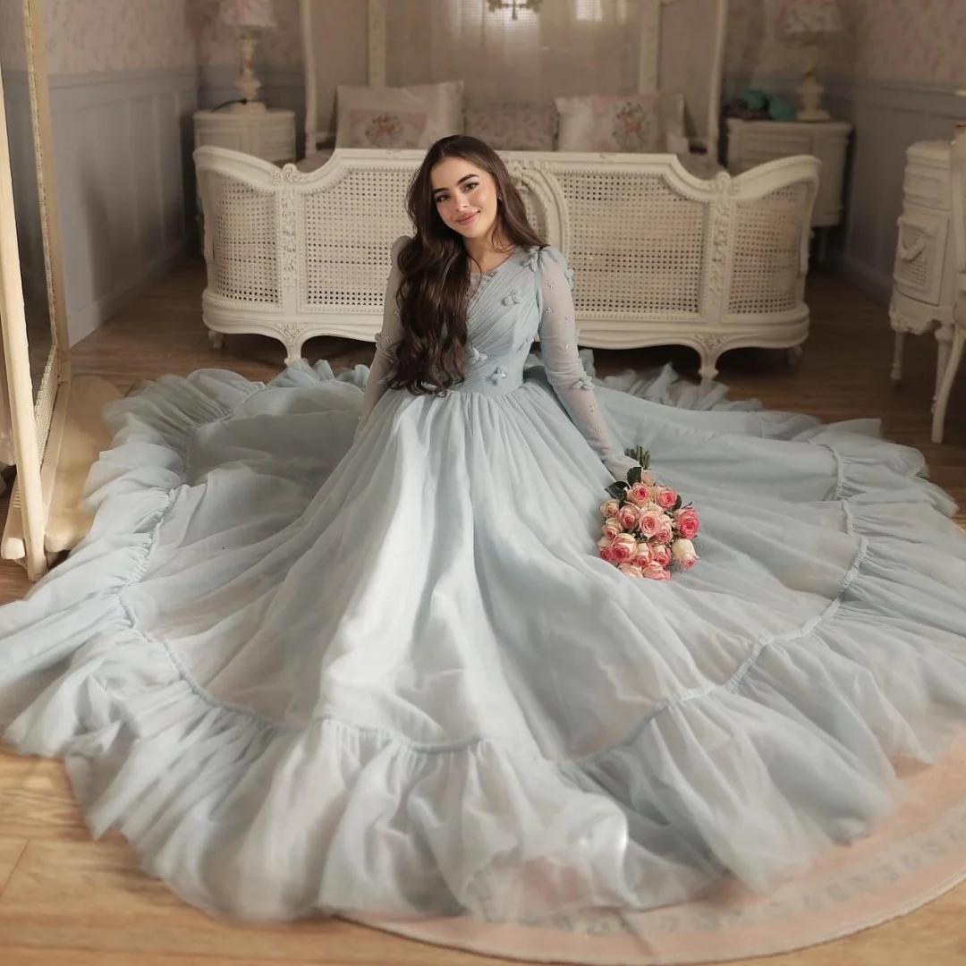 

Tulle Evening Dresses Woman Floral Appliques vestidos de noche Arabic Long Sleeve Prom Dress 2025 Dubai Party Gowns Customized