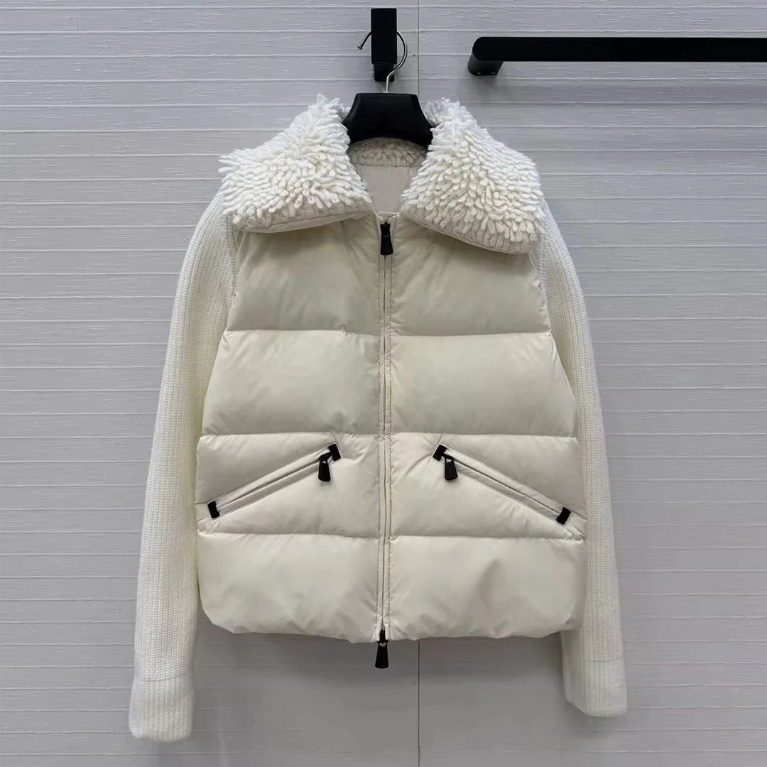 2026 New Winter Fashion White Goose Down Knitted Patchwork Coat Women Lapel Long Sleeve Zipper Pockets Casual Loose Jacket