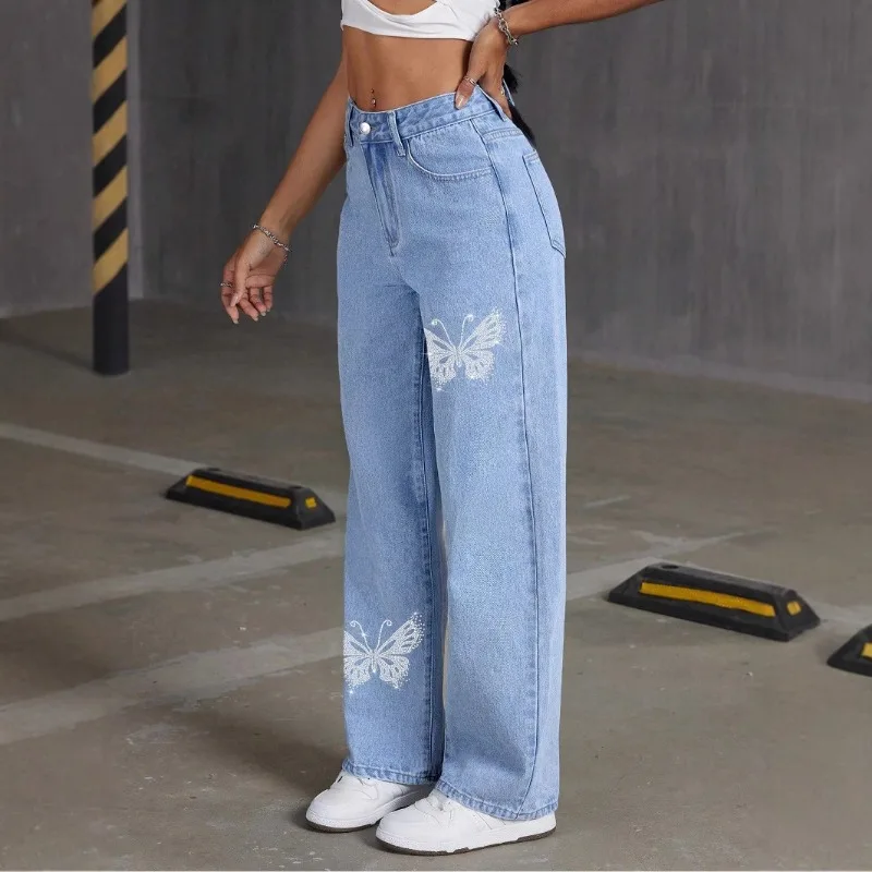 Jeans for Women Butterfly Embellished Slim Straight High Waist Denim Pants Fashionable New 2025 Spring Autumn Long Trousers
