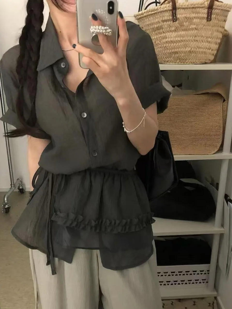 Slimming Effect Summer Design Ba Strap irt Women's Faion + Earlet Lace Curtain Set ort Sve  Collar Regular Fit