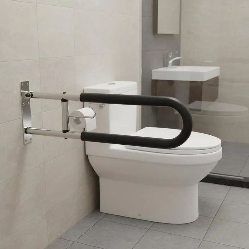 

Bathroom Security Handrail 30 Inch U-Shaped For Toilet Shower Bathtub, Foldable Design Flip Up Mechanism Senior Safety Support Paper Holder Steel Construction 300 Lbs Load Capacity White Finish Vertical Horizontal Support Accessory