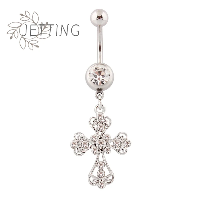 Hot Stainless Steel Cross Pendant Navel Nail Fashion Crystal Rhinestone Belly Button Rings For Women Body Sexy Piercing Jewelry