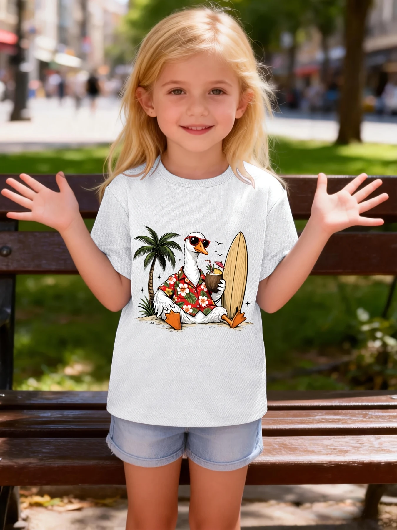 Summer Surf Duck Palm Tree Graphic T Shirt Boys Girls Beach Short Sleeve Tee Family Matching Kids Casual Cotton Daily Tops