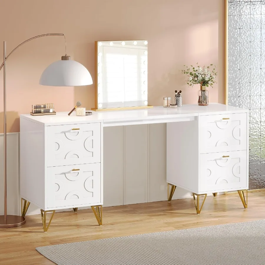 59Inch Makeup Vanity Desk with 4 Drawers White Dressing Table with Storage Modern Beauty Table Simple Home Office Computer Desk