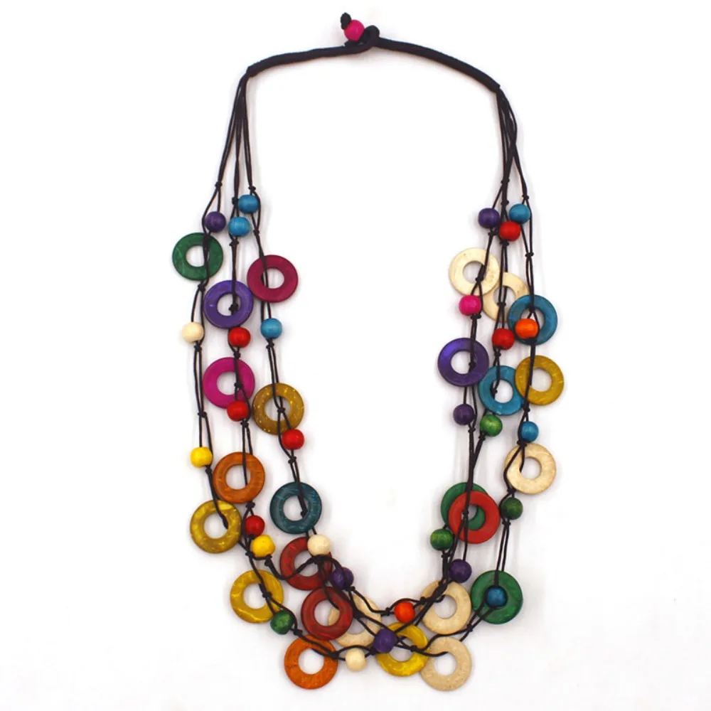 Coconut Shell Long Beaded Necklace Colorful Coated Reflective Glass Beads Vintage Necklace Irregular Beaded Chunky