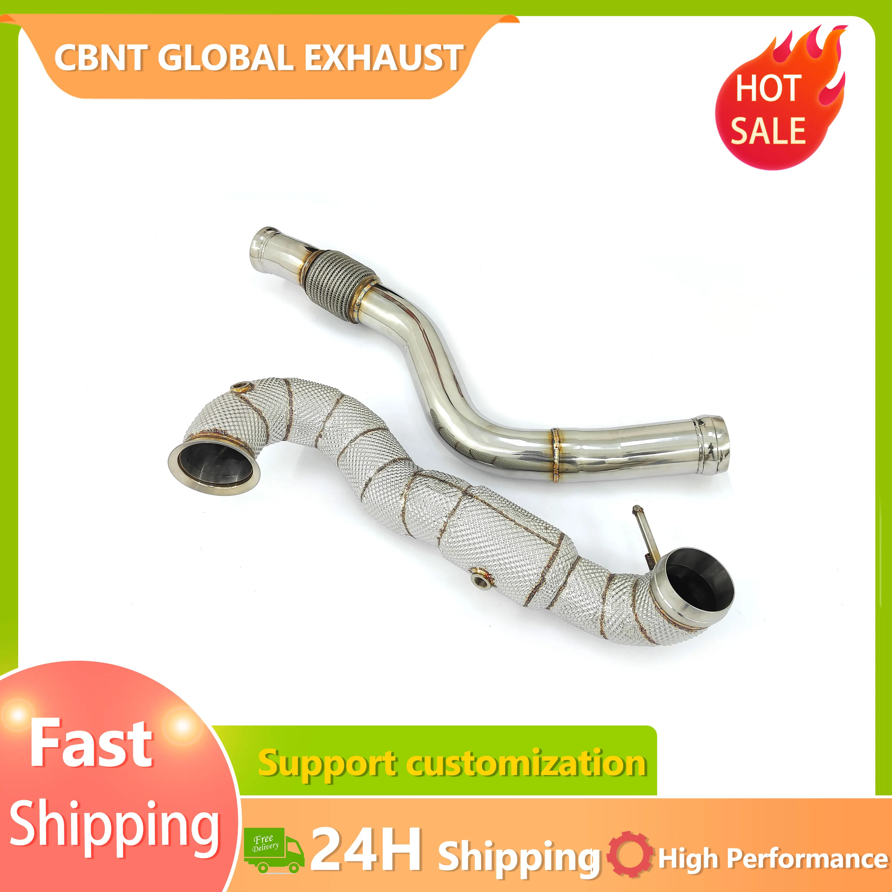 CBNT Exhaust Header SS304 for Mercedes Benz W176 A45 CLA45 GLA45 2.0T 2014-2018 Downpipe with Heat Shield Tuning Exhaust Pipe