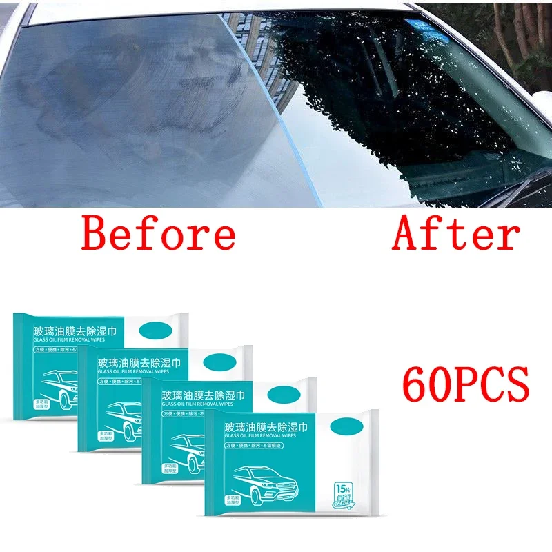 60PCS Car Oil Stain Cleaner Glass Oil Film Removing Wet Towel Front Windshield Cleaning Vehile Window Powerful Decontamination