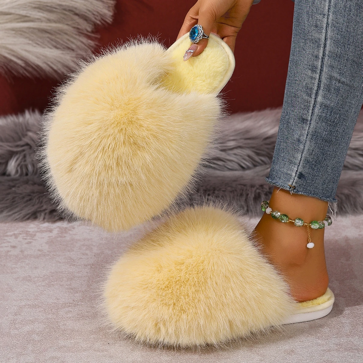 

Colorful Fluffy Fur Flats Indoor Slippers Women 2025 Winter Warm Plush Non Slip Home Slippers Woman Furry Designer Slides Shoes