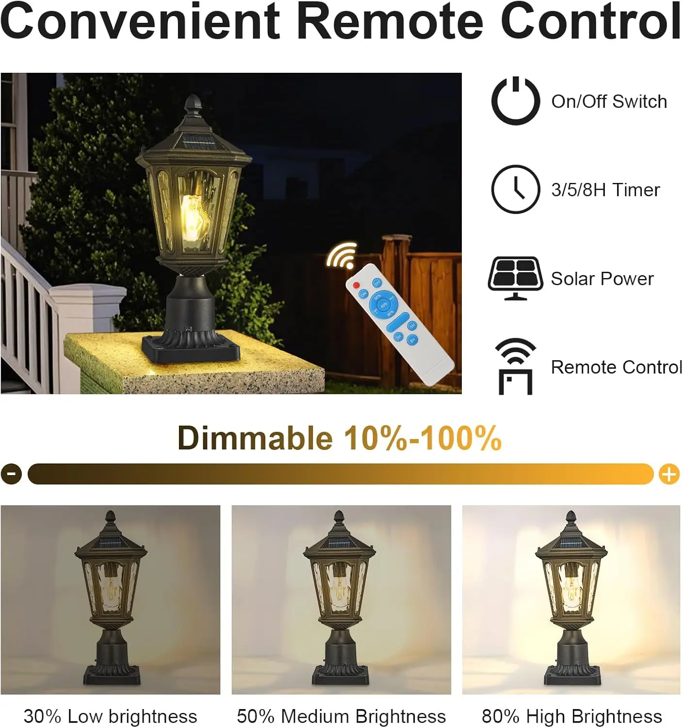 LED 태양광 포스트 라이트, 방수, 황혼에서 새벽까지, 3가지 모드, 리모컨, 야외 파티오 정원 통로