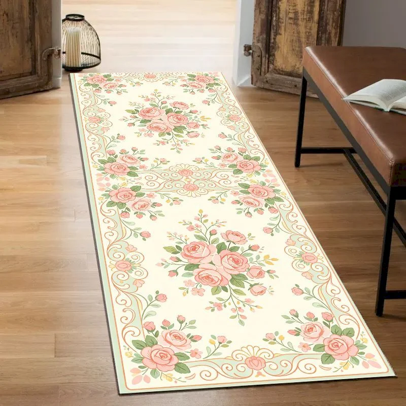 VIKAMA European Classic Floral Hallway Runner Rug Vintage Rose Medallion Long Area Rug Non‑Slip Carpet for Corridor Home Decor