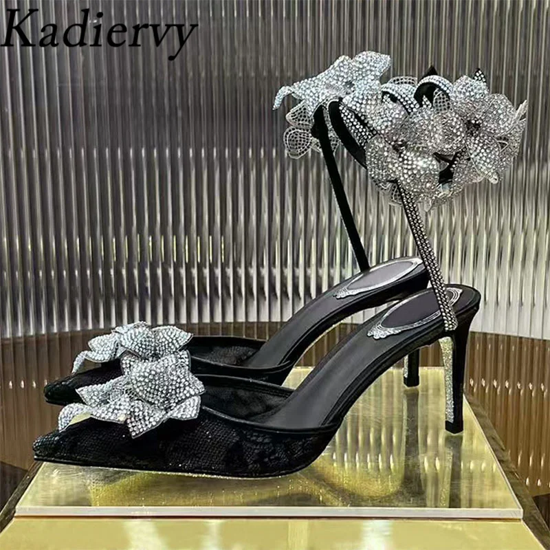 Summer High Heels Women Pupms Crystal Flower Snake Twine Around Ankle Strap Wedding Shoes Pointed Toe Stiletto Sandals Woman