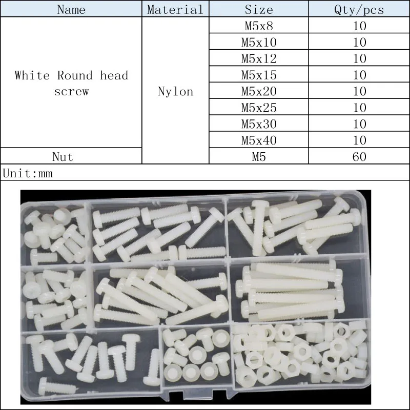 M2.5 m3 m4 m5 m6 máquina de plástico parafuso porca arruela caixa branco náilon phillipis cabeça redonda parafuso conjunto kit classificação parafuso náilon