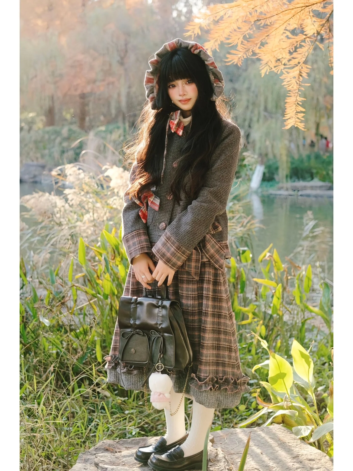 

Sweet School Sle Patchwork Jaet Skirt Set Ele Versatile Long Sve High Waist Polyester Workwear for Young Women