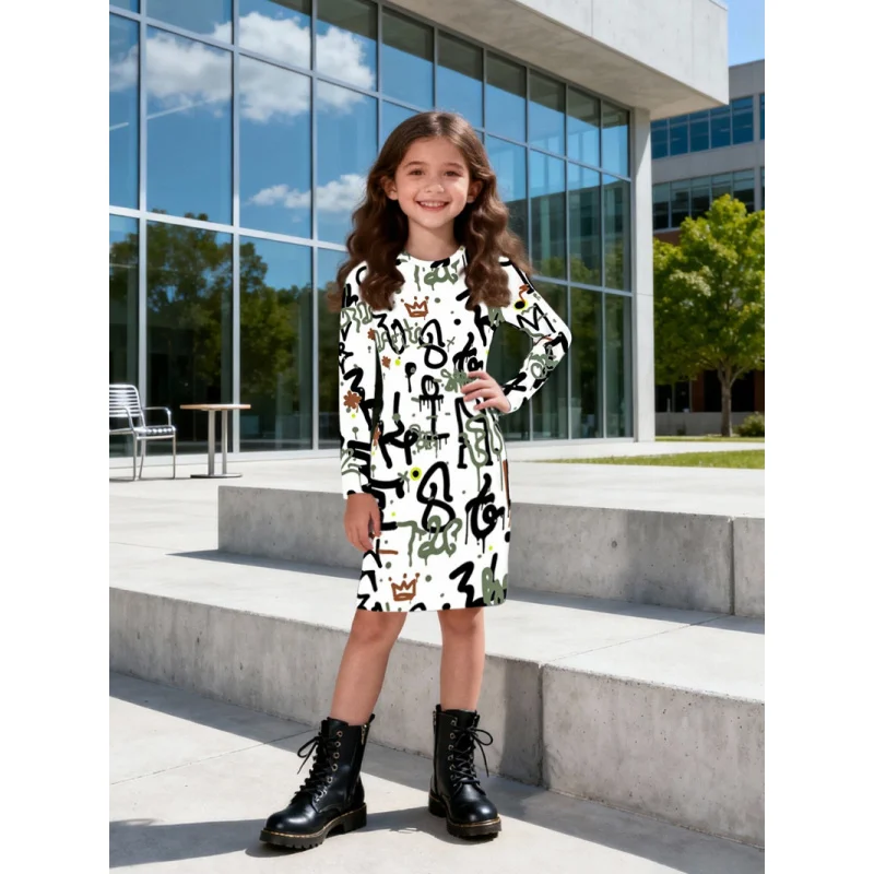 Girls' Trendy Cool Graffiti Letter Symbol Print Long Sleeve Dress Children's Street Style Art Full Print Slim Skirt for 2026