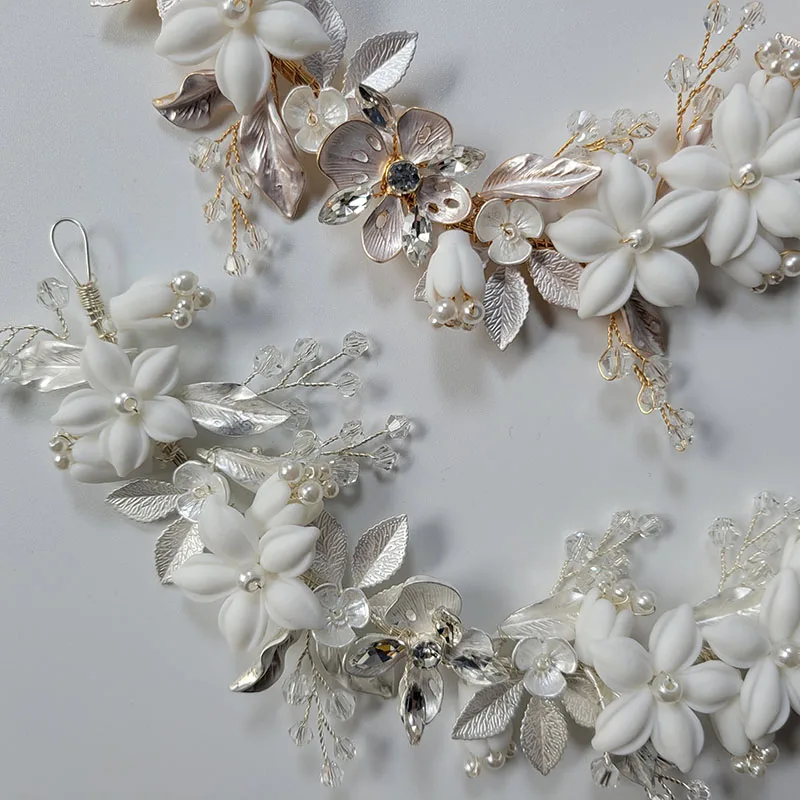 SLBRIDAL Handmade Alloy Flower Leaf Rhinestones Ceramic Flower Bridal Headband Wedding Headpieces Bridesmaids Women Hair Jewelry