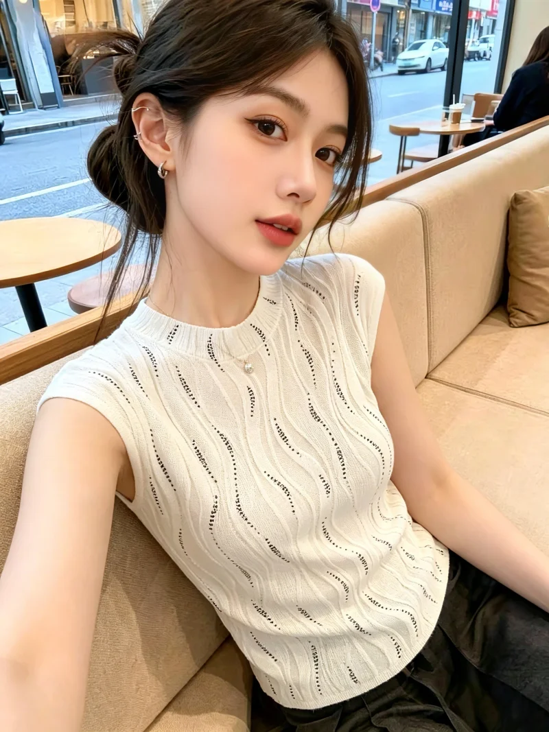 

Slim Fit Knitted Sweater with Fly Sleeve Women's Summer New Style Self-kept Thin Model Korean Style Commute Pure Color