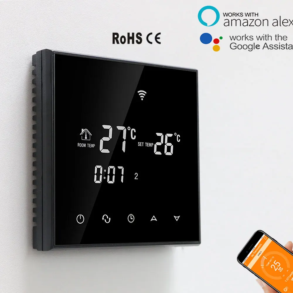 WiFi Touch Screen Temperature Thermostat Controller 24V/240V forElectric Floor Heating /Water/Gas Boiler Works Smart House ALEXA