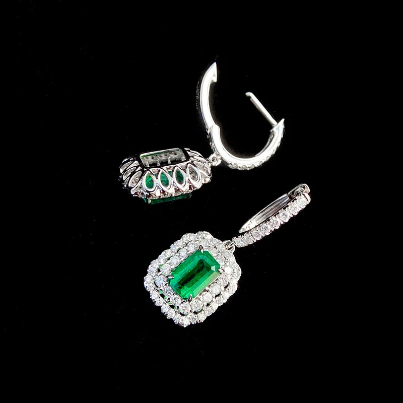 KUGG 100% 18K White Gold Earrings Elegant Shiny Style Natural Emerald Gemstone Earrings for Women Luxury Diamond Jewelry
