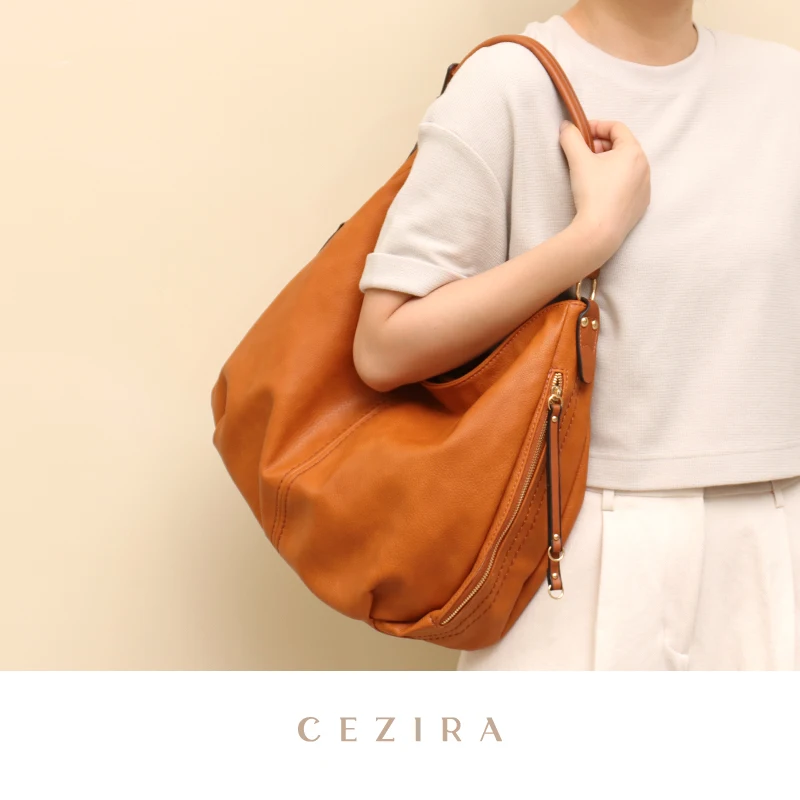 CEZIRA Large Casual PU Vegan Leather Hobo For Women Simple Daily Shoulder Handbags Zip Pockets Female Soft Crossbody Bags Purses