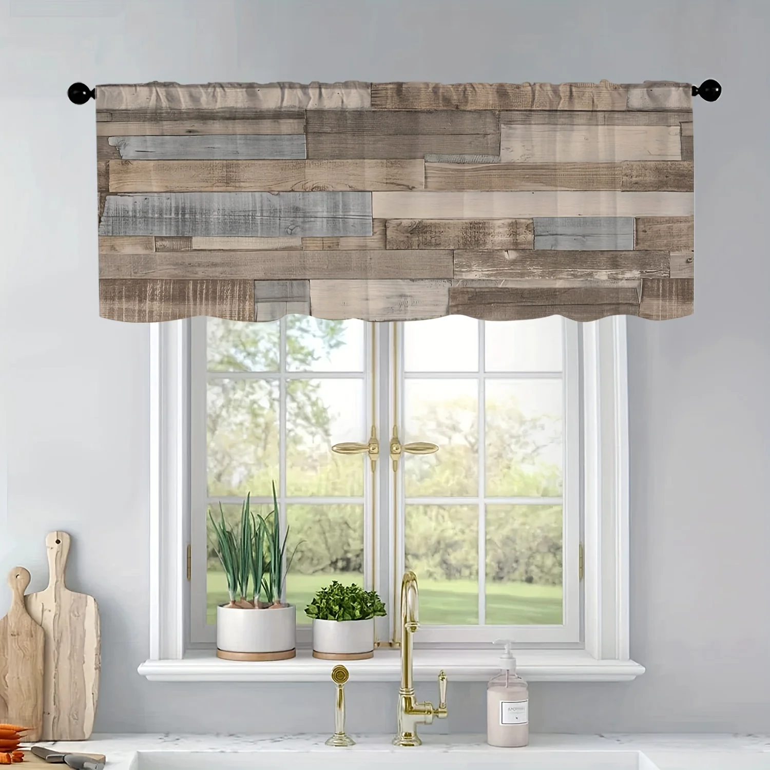 

1pc Grey Blue Wood Grain Kitchen Curtains, Rod Pocket Rustic Short Modern Aesthetic Abstract Curtain Valance for Windows