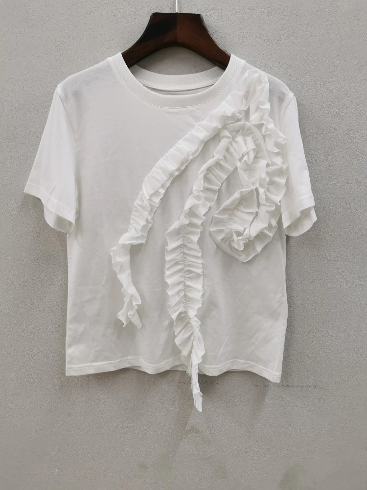 

Pure Cotton White Three Dimensional Pleat Flower Decoration Short Sleeve T-Shirt Tops 2024 New Women Summer Clothing