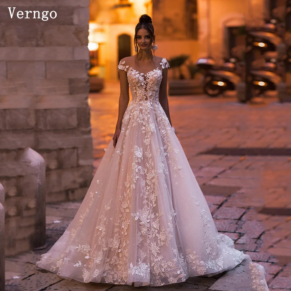 

Verngo lvory Tulle Wedding Dress Spaghetti Strap A Line Appliques Bridal Gown Backless Sweap Train Bride Dress Customized