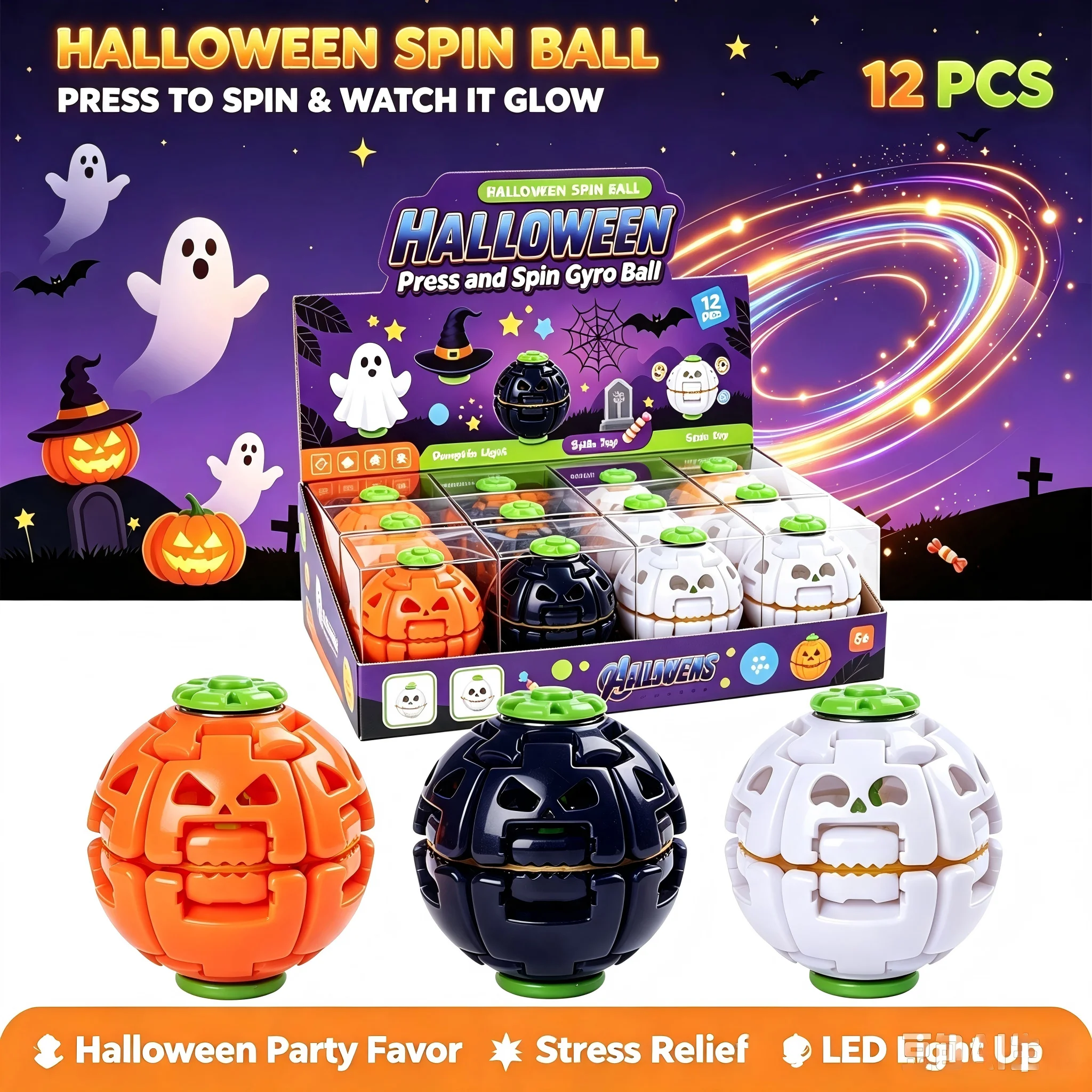 Halloween Pumpkin Press Spin Gyro Ball, Light Up Fidget Spinner Stress Relief Toy, Halloween Party Decor Holiday Gift, 12Pcs Set