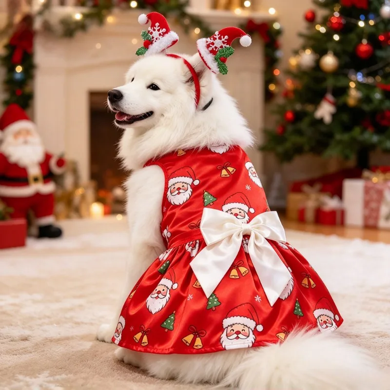 2PCS/SET Christmas Cat Dog Dress Matching Santa Hat Hair Accessory Cloth Material Christmas Cat Dog Dress Matching Santa Hat
