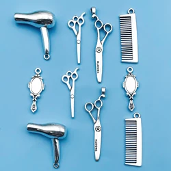 6/10Pcs Antique Silvery Barber Tool Charms Hairdrier Scissors Comb Makeup Mirror Shape Pendants For Jewelry Making Findings Craf