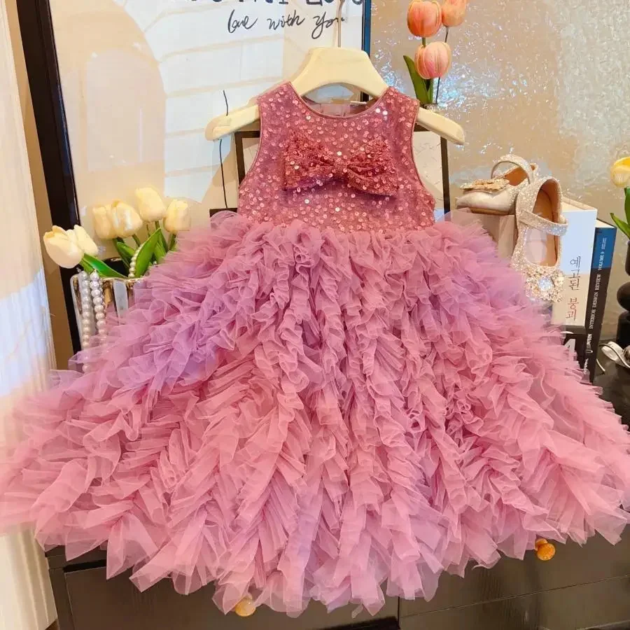 

Elegant Pink Flower Girl Dresses for Wedding Sleeveless Tulle Knee Lenght Kids Birthday First Communion Gowns Custom