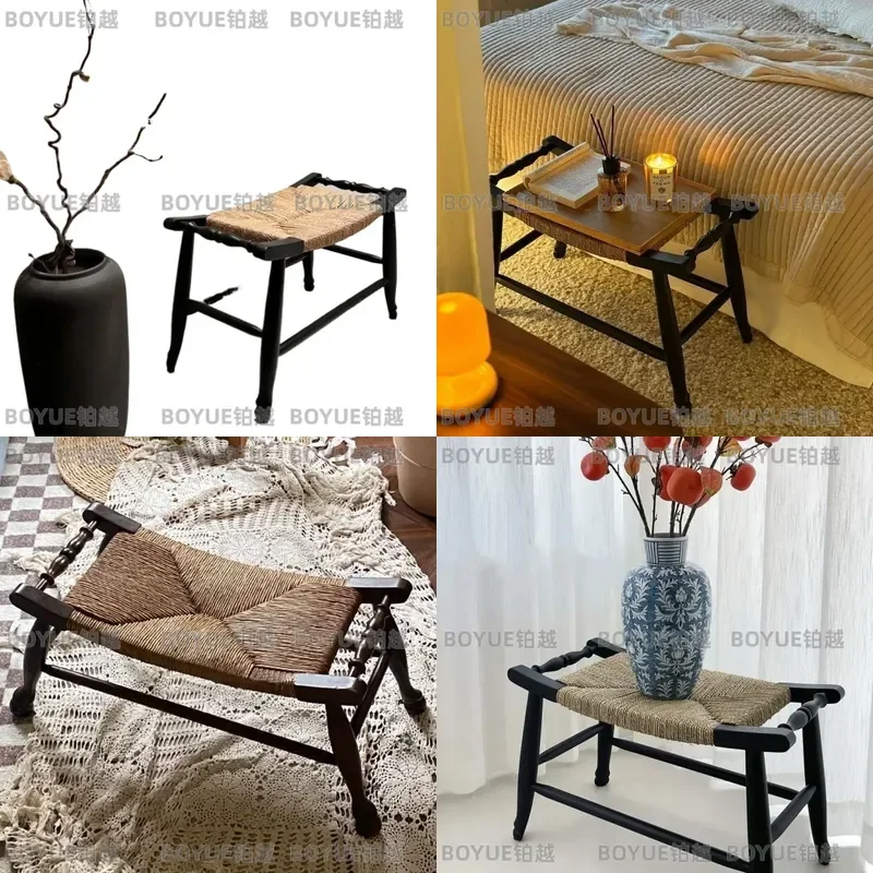for Medieval Rattan Shoe Changing Stool Solid Wood Porch Entrance Small Stool Wabi Sabi Bedside Black French Low Stool