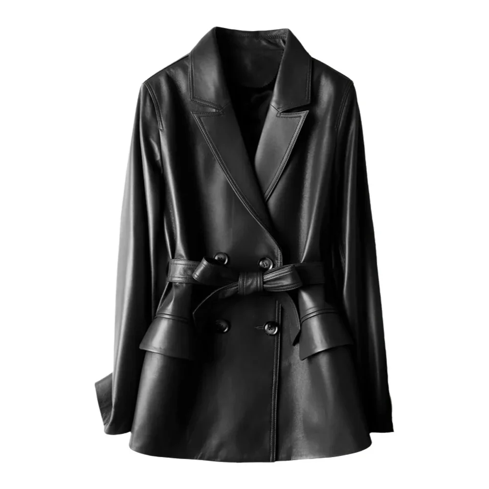 Klasyczne dwurzędowe damskie marynarki ze skóry naturalnej, eleganckie wiosenne płaszcze biurowe z klapami, sznurowane, z paskiem, z owczej skóry.